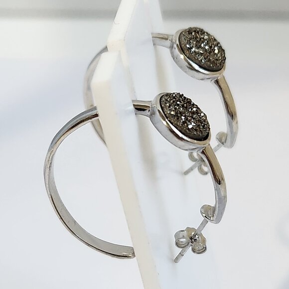 VTG 925 Silver Druzy Hoope Stud Earrings - Picture 2 of 9